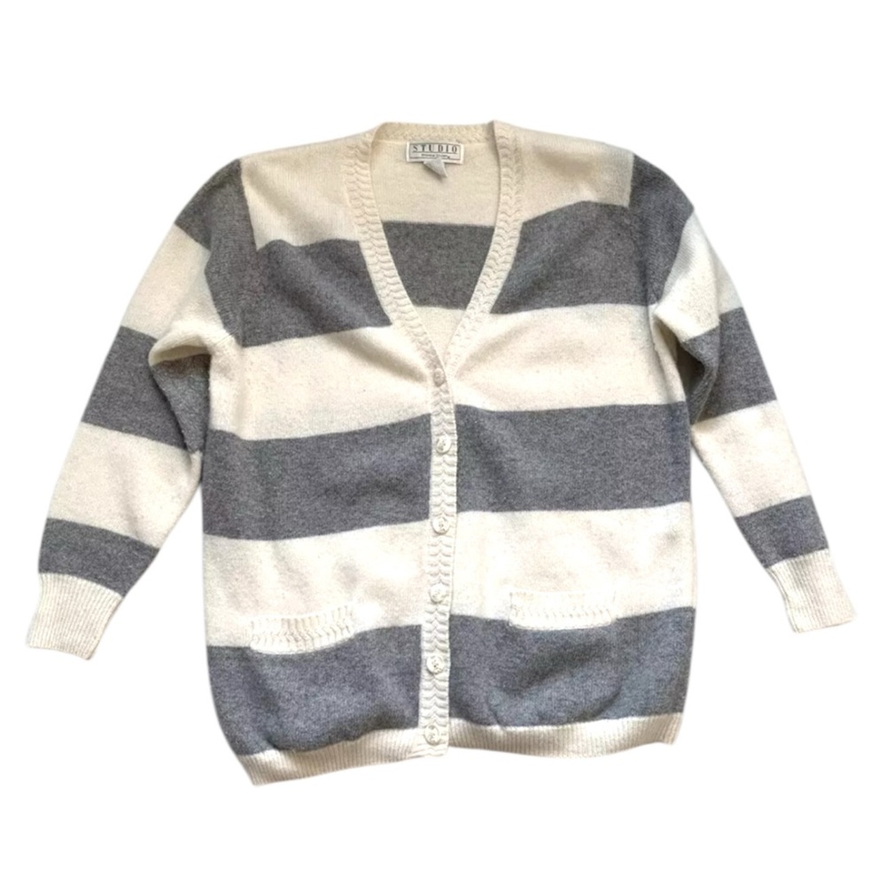 Studio Michelle Stuart Sweater Cardigan Lambswool Angora Rabbit Striped M Cream